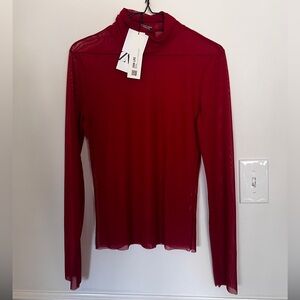 Zara Red Mesh Long Sleeve Top